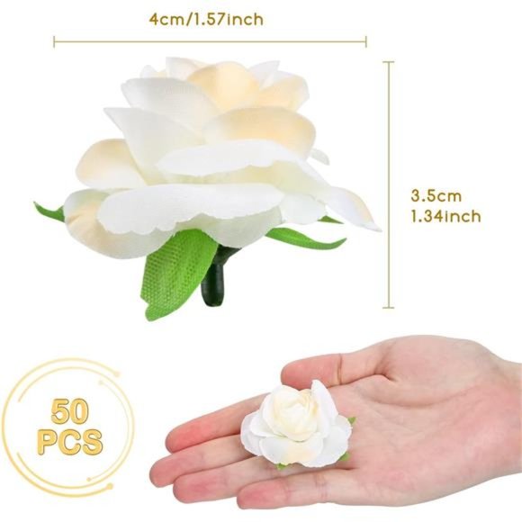 50pc Cream White Roses Artificial Flowers Bulk 1.6" Small Silk Fake Flower Heads - Picture 4 of 5